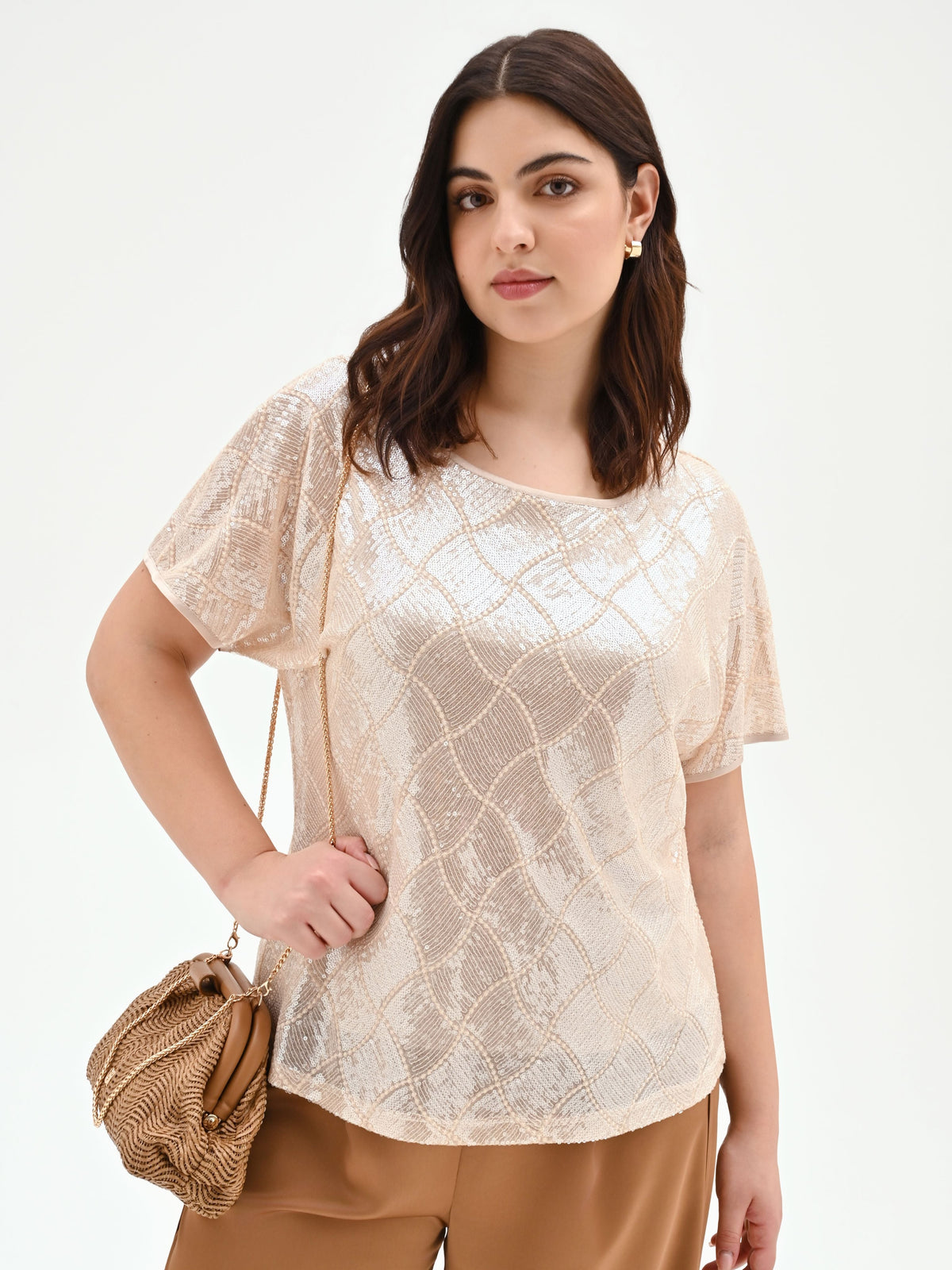 Blusa curvy beige chiaro con paillettes all over