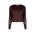 Blusa cioccolato in raso con inserti in pizzo