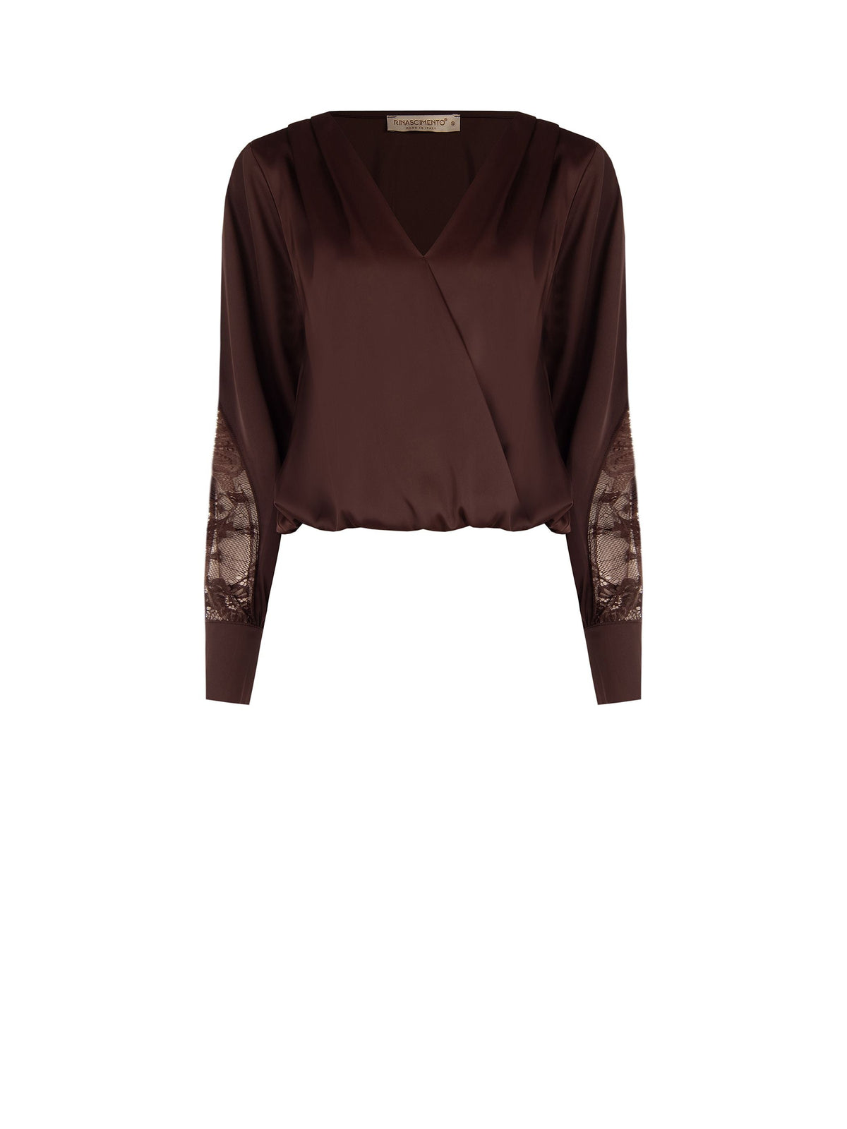 Blusa cioccolato in raso con inserti in pizzo
