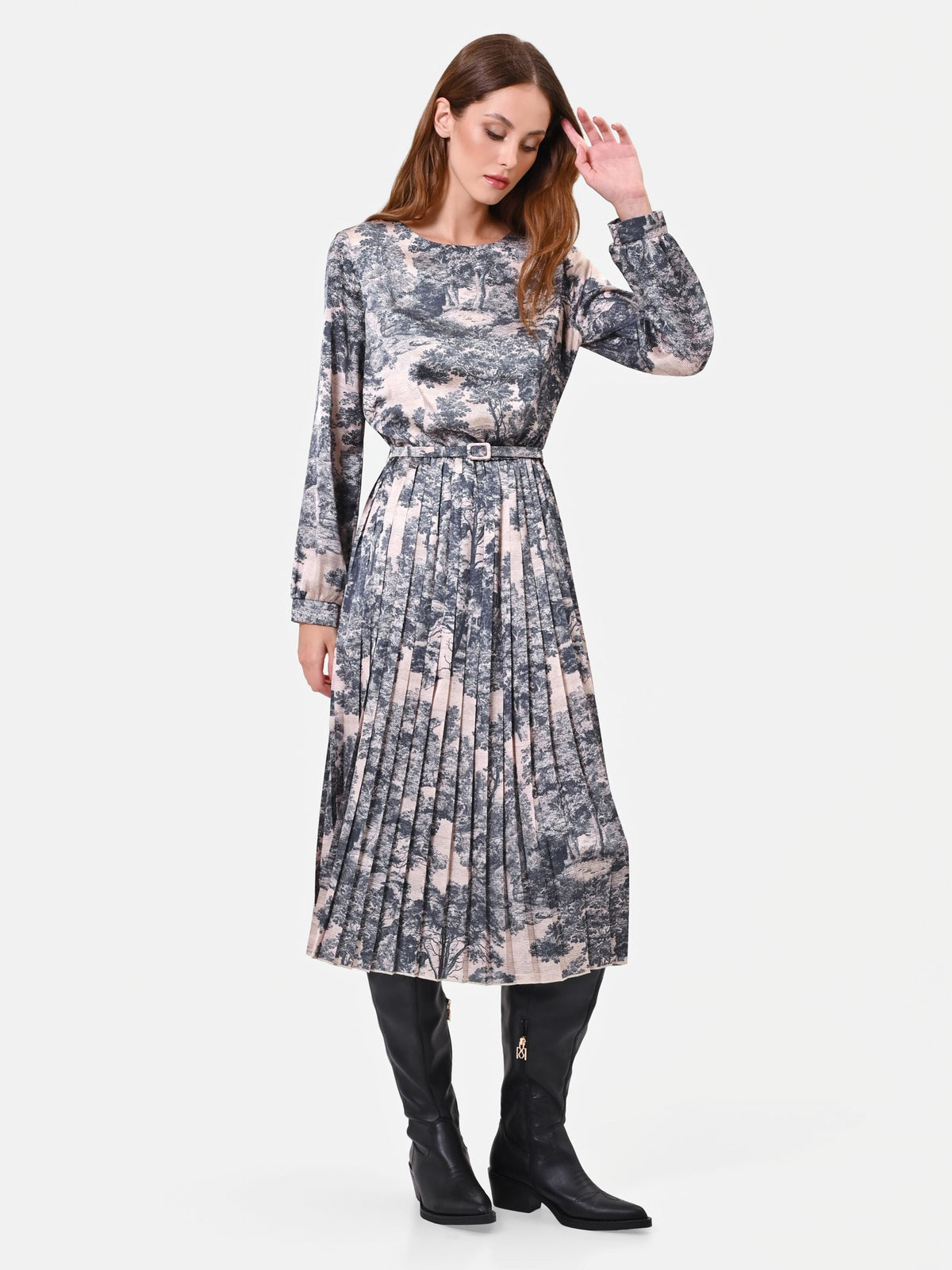 Abito midi grigio toile de jouy con gonna plissettata