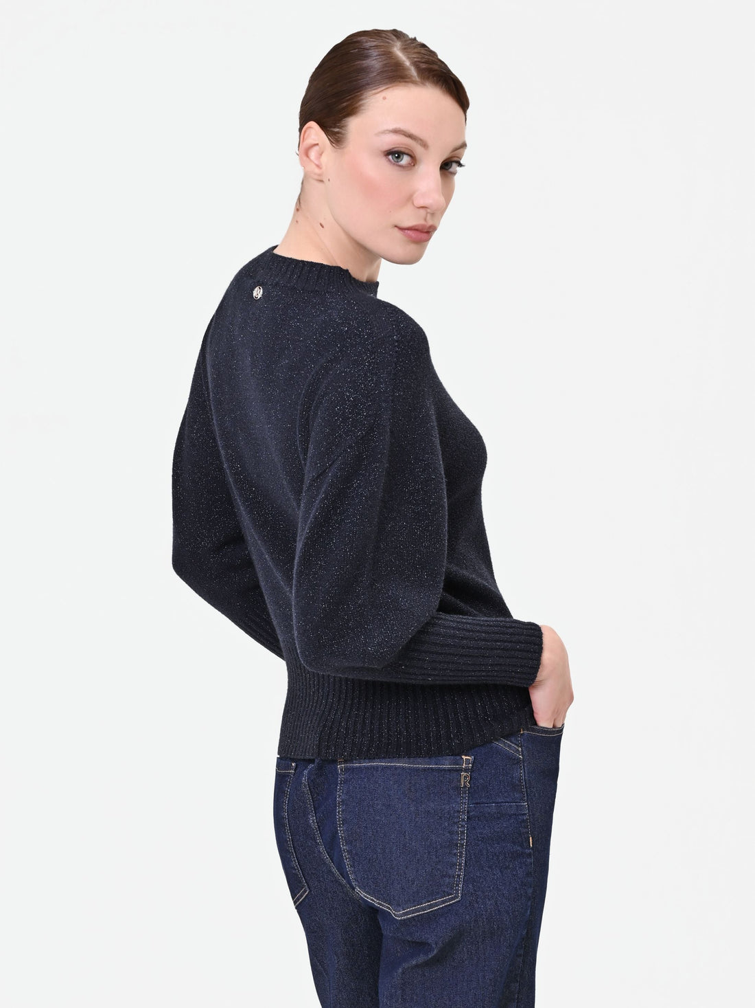 Maglia blu navy girocollo con filato luminoso in misto viscosa