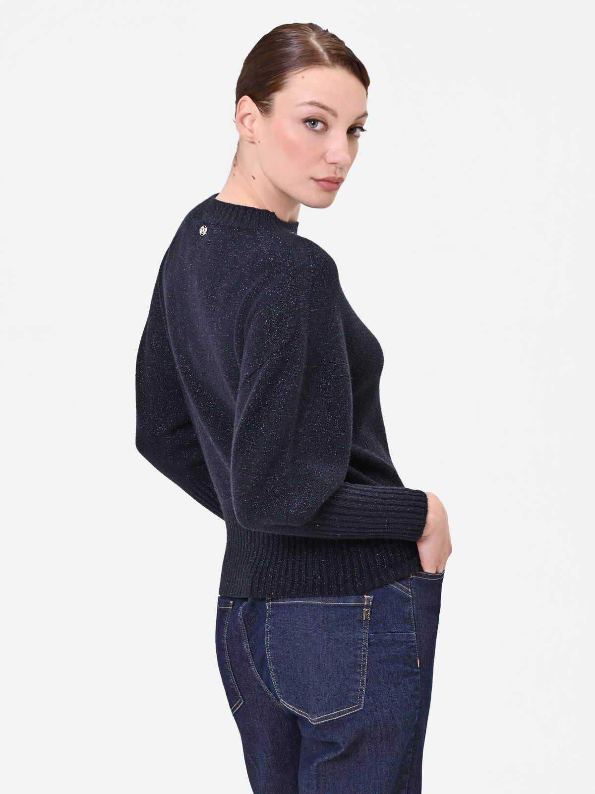 Maglia blu navy girocollo con filato luminoso in misto viscosa