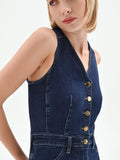 Tuta lunga in denim blu navy con bottoni a vista