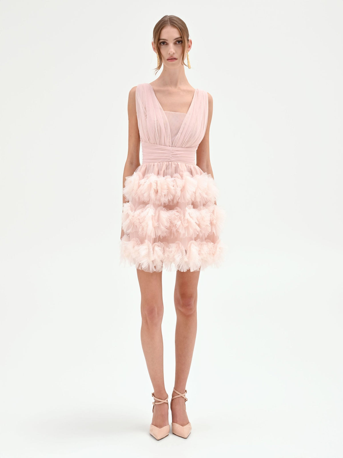 Abito corto rosa cipria con gonna in tulle