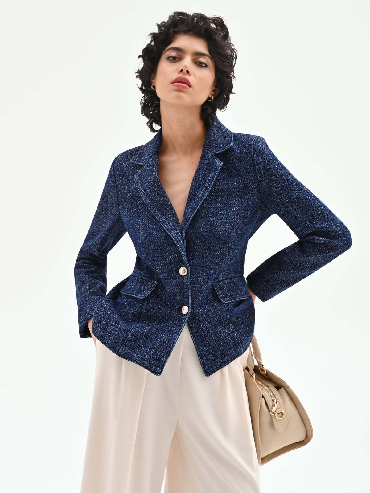 Giacca blazer blu in denim lurex