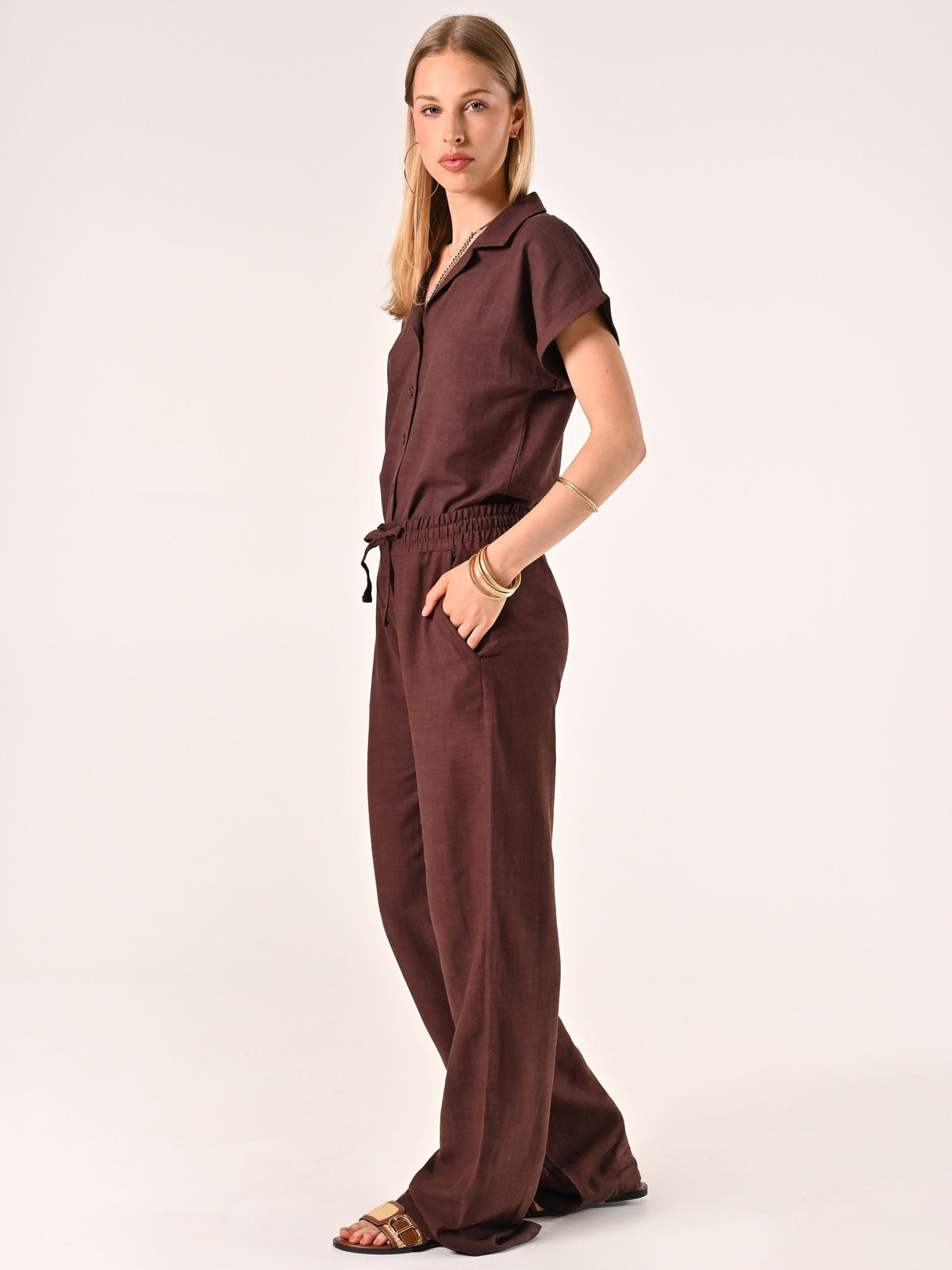 Pantaloni Marrone Cioccolato Ampi in Lino Cotone