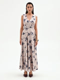 Abito lungo beige con stampa floreale blu navy