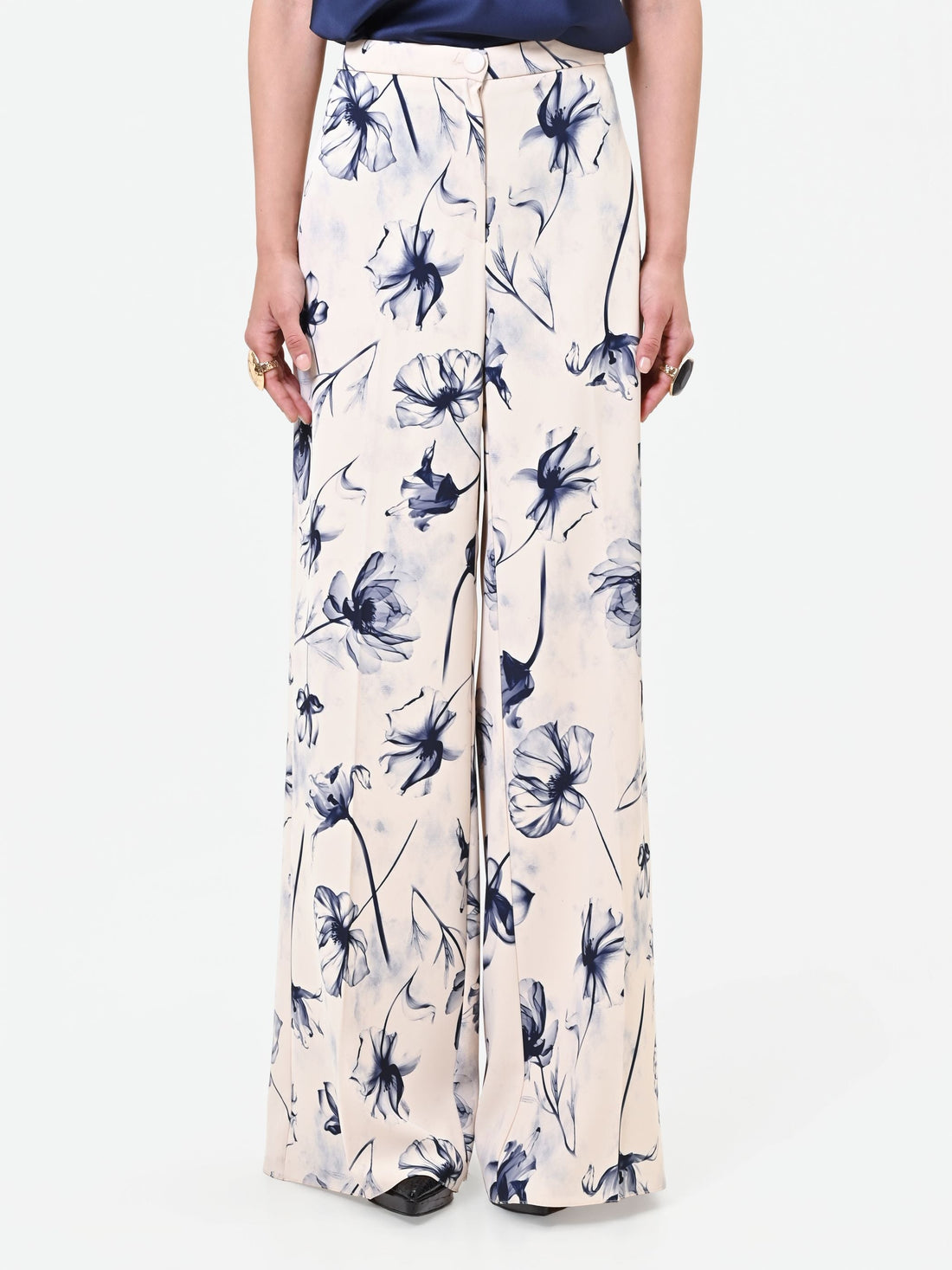 Pantalone a palazzo stampa floreale blu navy