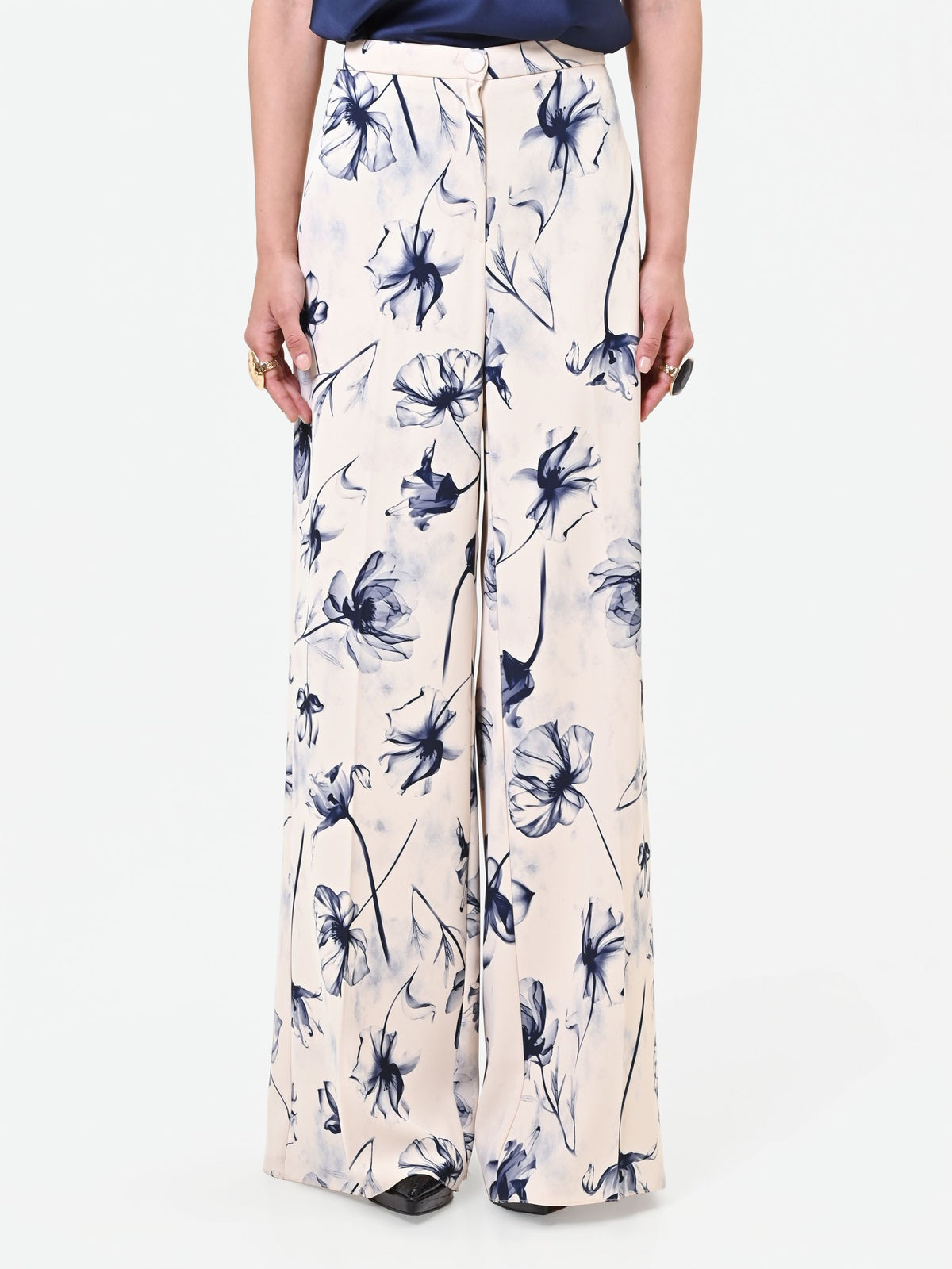Pantalone a palazzo stampa floreale blu navy