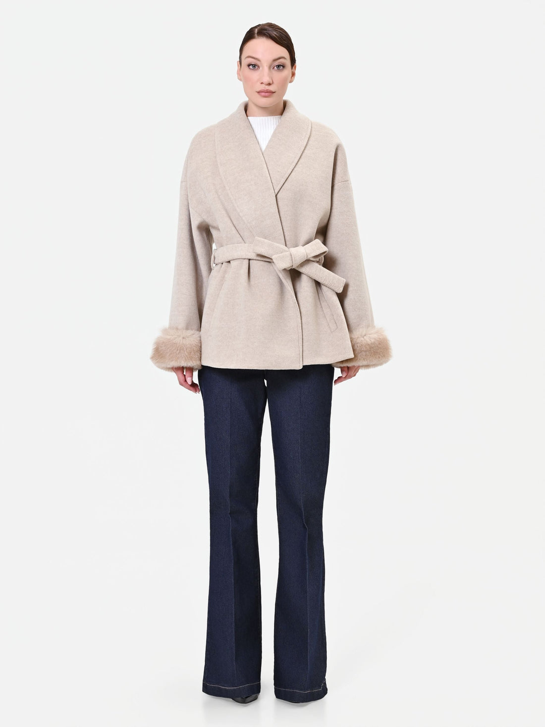 Cappotto corto a vestaglia tortora beige misto lana