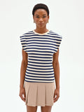 T-shirt in cotone a righe blu con spalla estesa