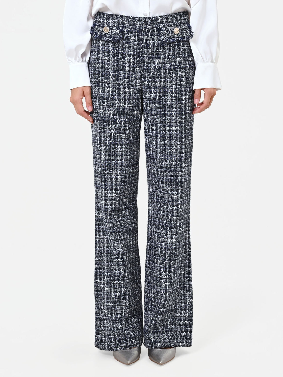Pantalone dritto in tessuto bouclé blu navy