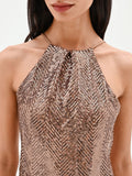 Top scollo halter in paillettes marrone bronzo
