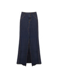 Gonna lunga in denim blu navy con spacco frontale