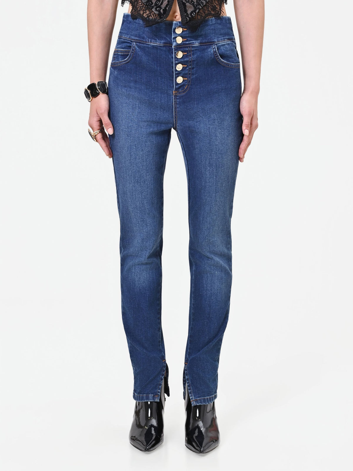 Jeans skinny blu con bottoni piatti