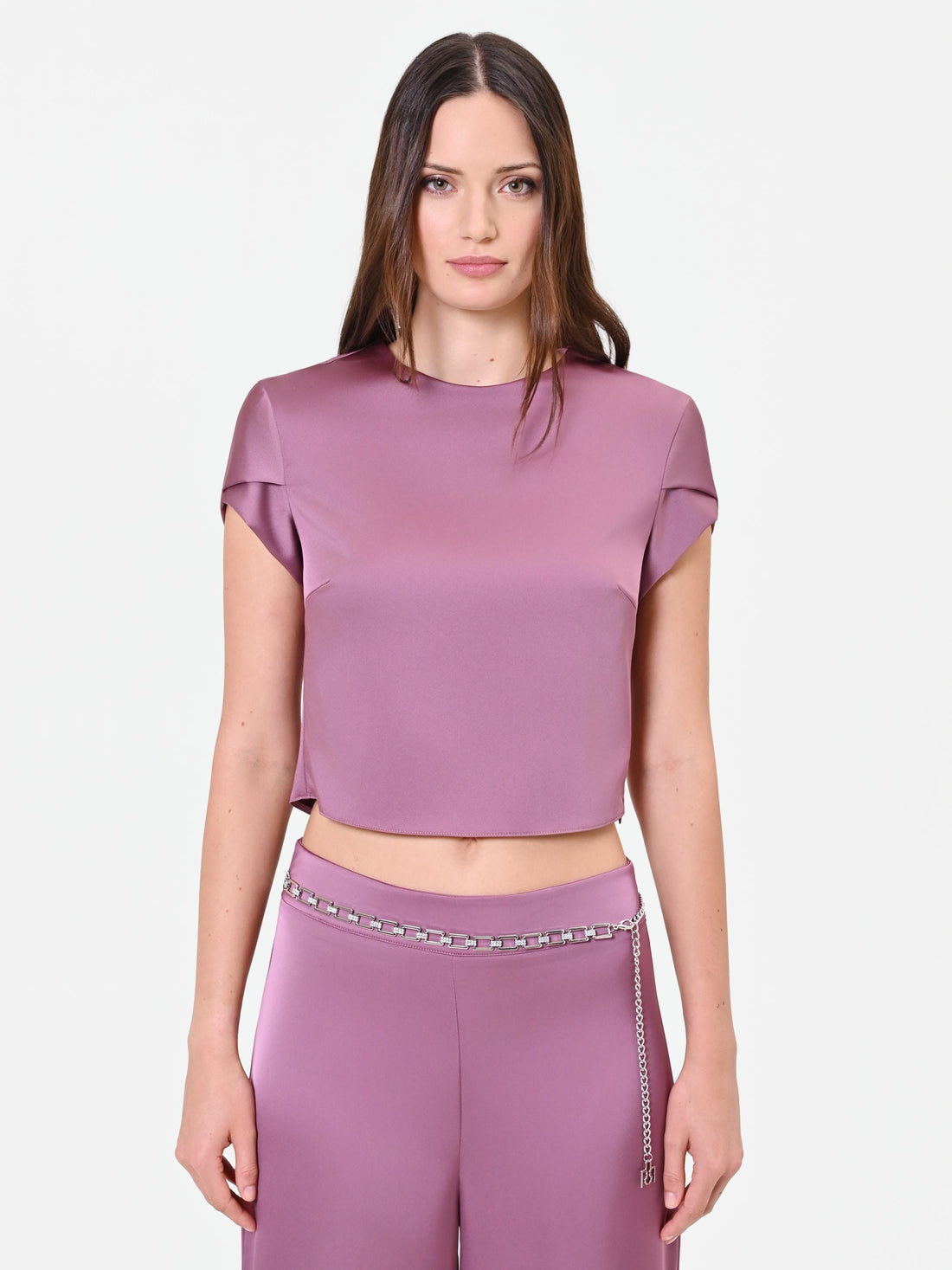 Blusa crop in raso rosa antico