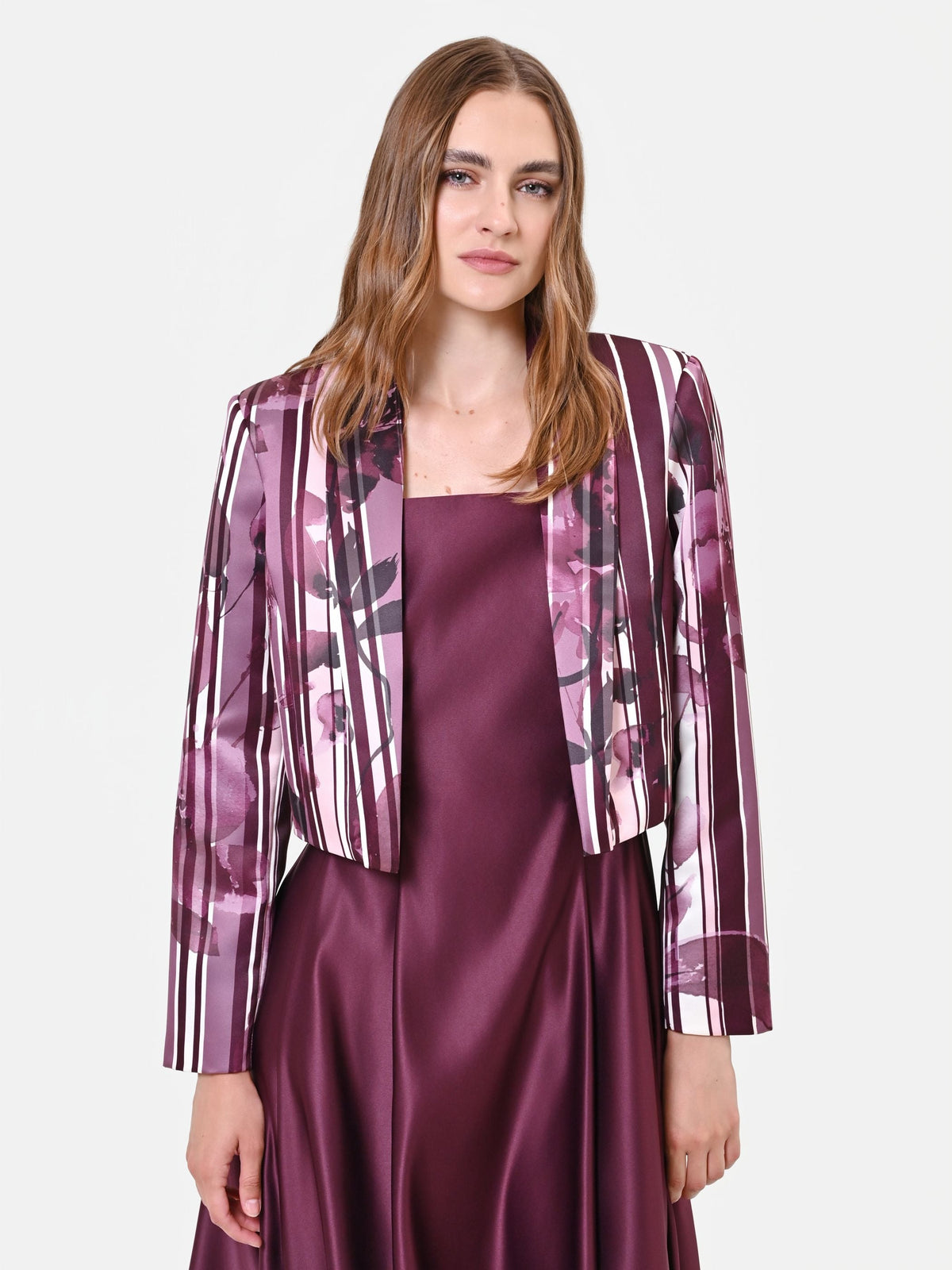 Giacca in raso stampa floreale rosso bordeaux