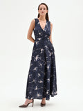 Abito lungo blu navy con stampa floreale