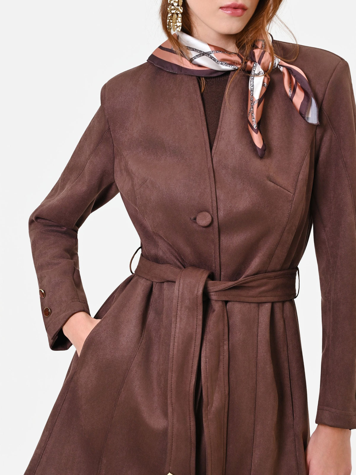 Trench marrone effetto scamosciato con cintura