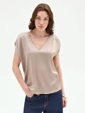Top tortora beige in raso con maniche a petalo