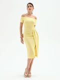 Abito tubino midi giallo chiaro off the shoulders