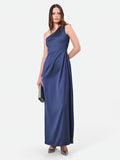 Abito lungo blu navy monospalla con drappeggio