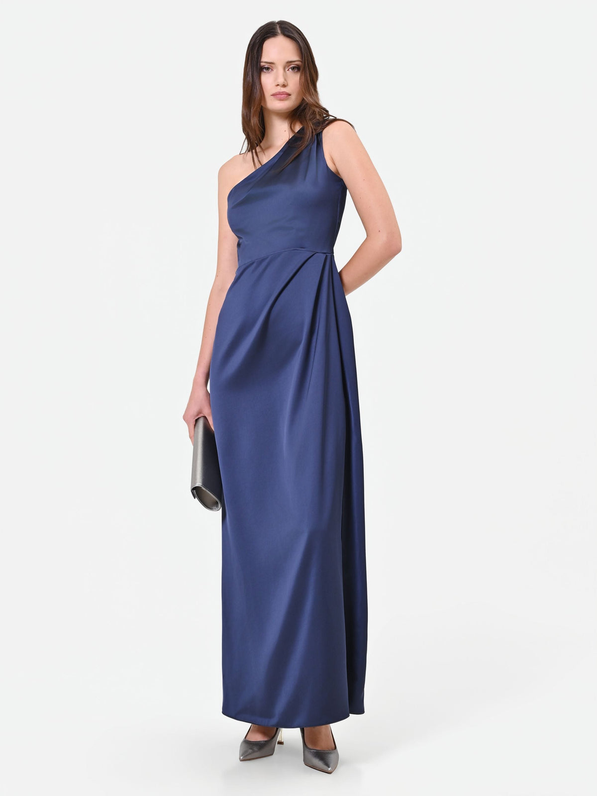 Abito lungo blu navy monospalla con drappeggio
