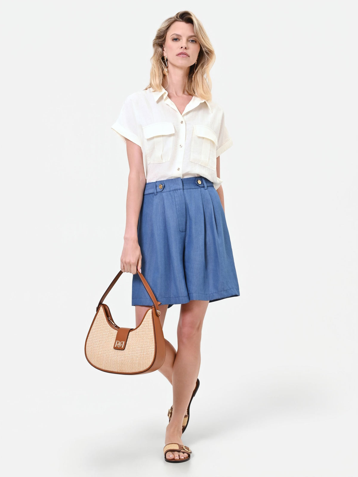 Pantalone bermuda blu in lyocell