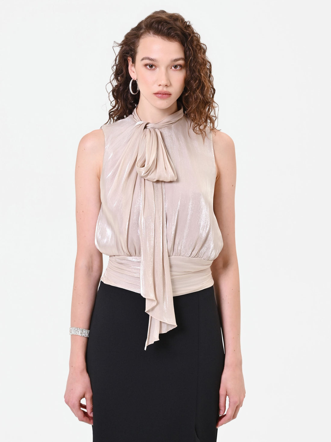 Top tortora beige con fiocco laterale in raso