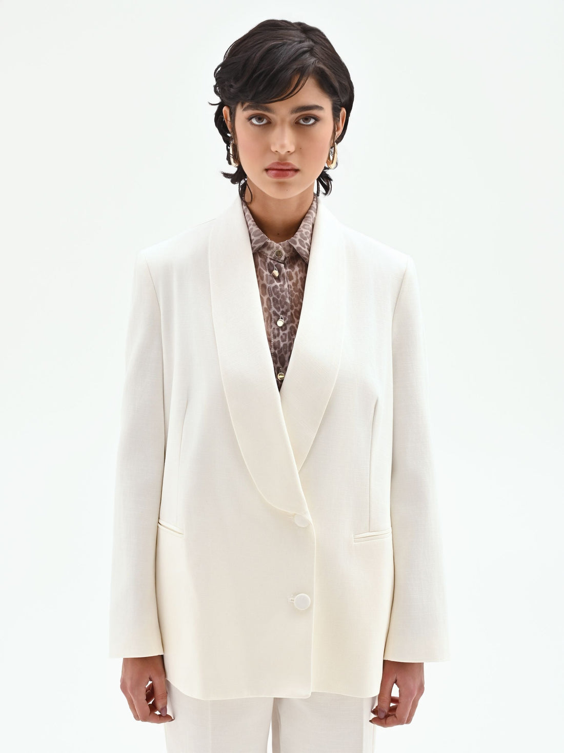 Giacca blazer doppiopetto in misto cotone lyocell bianco