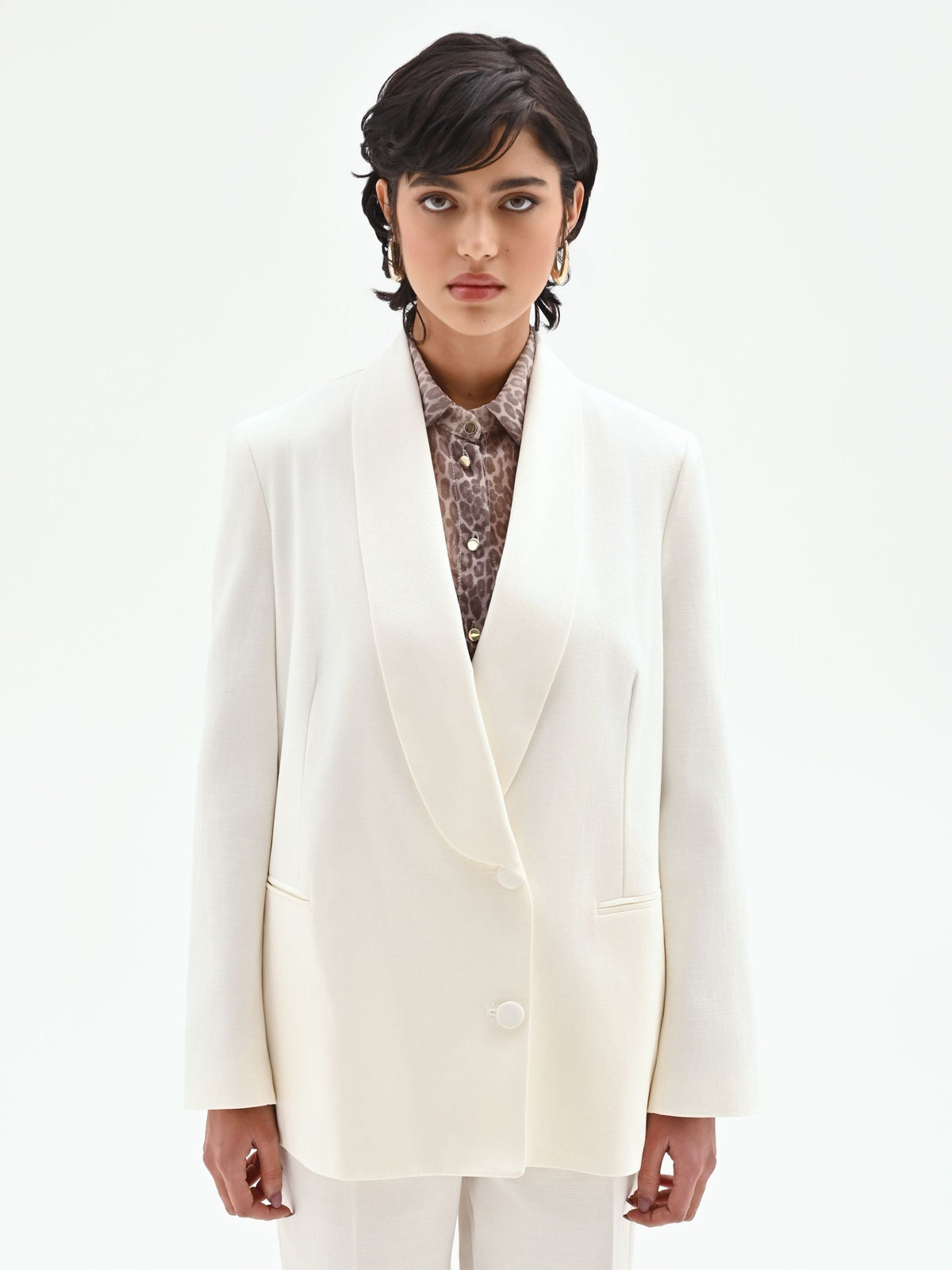 Giacca blazer doppiopetto in misto cotone lyocell bianco