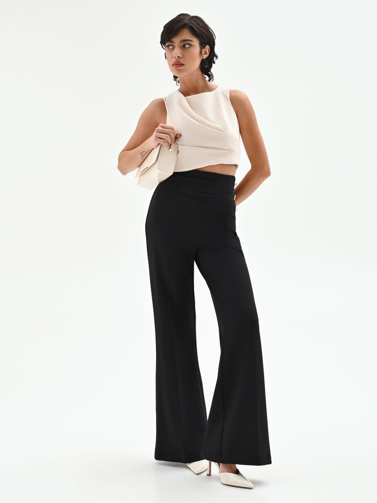 Pantalone Palazzo Vita Alta Nero con Bottoni