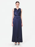 Abito lungo blu navy con scollo drappeggiato