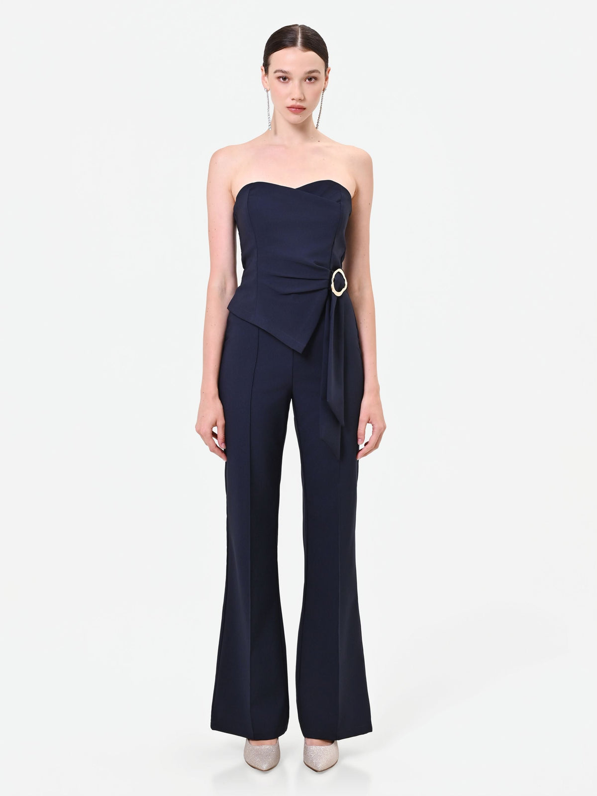 Tuta intera blu navy con bustino e drappeggio