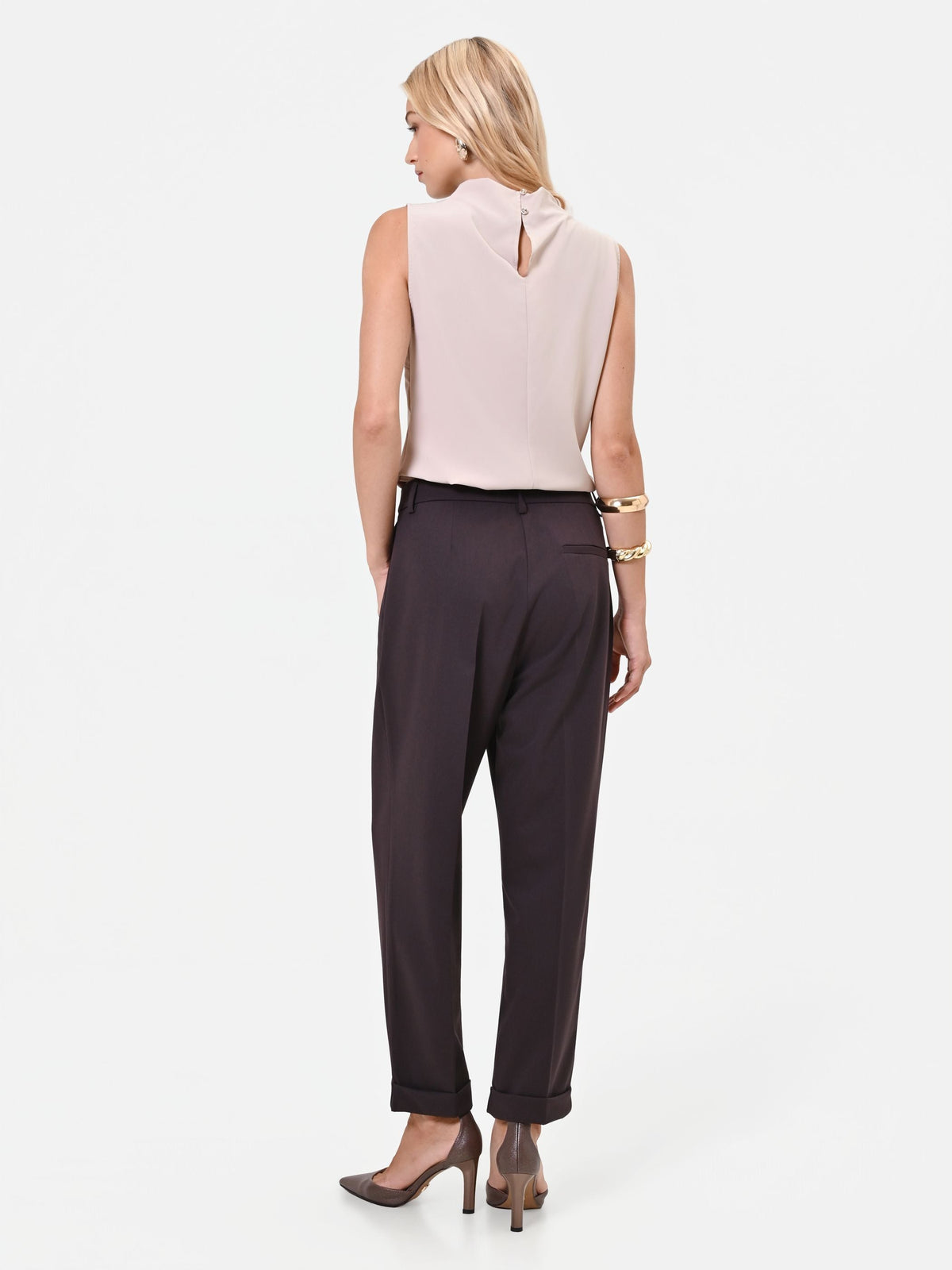 Pantalone dritto con risvolto marrone moro in poliviscosa