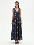 Abito lungo blu navy con stampa floreale