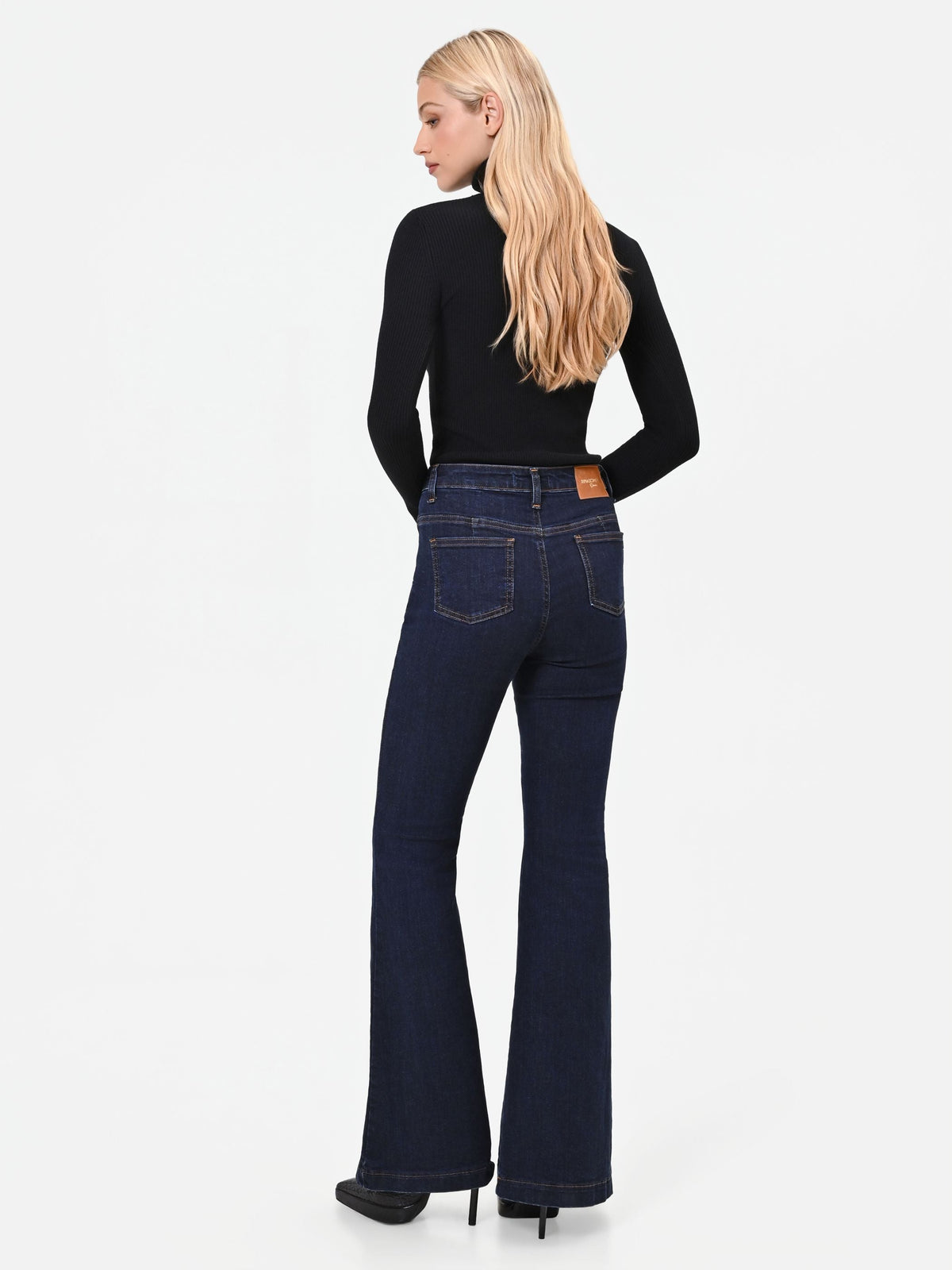 Jeans a zampa blu navy stile marinière high waist
