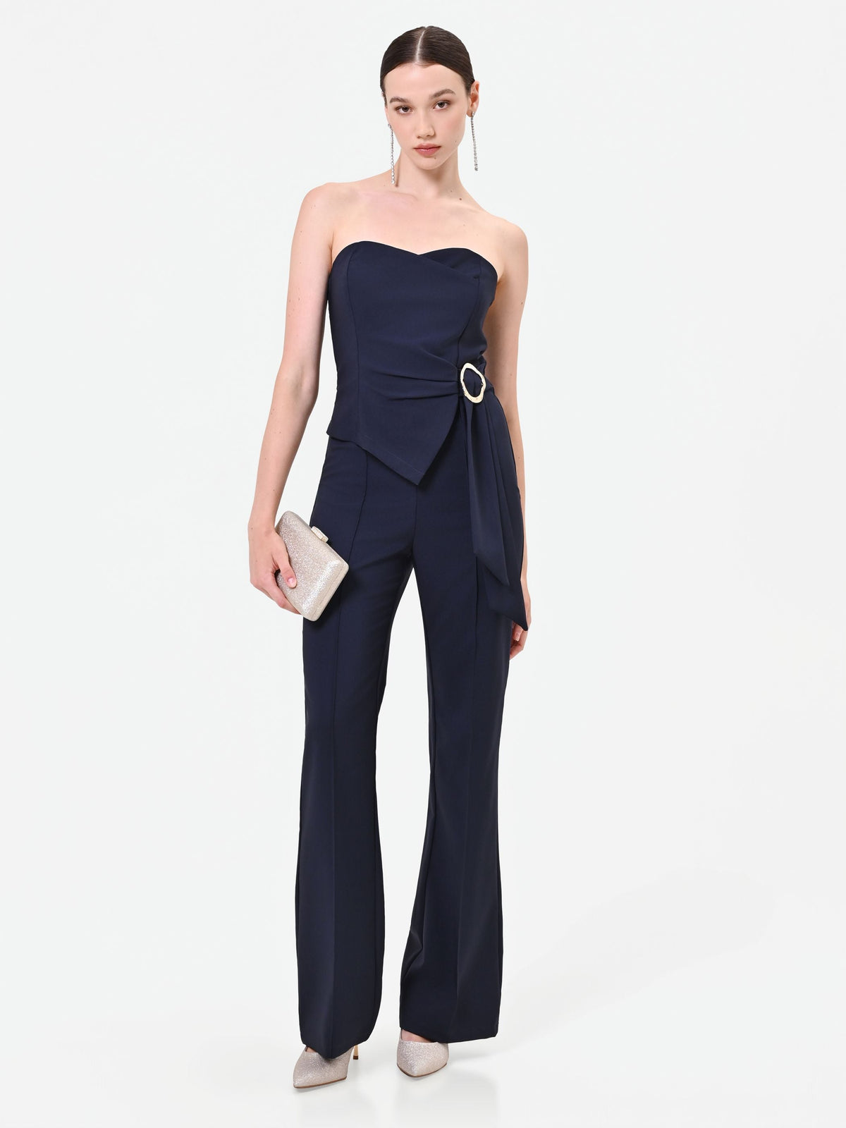 Tuta intera blu navy con bustino e drappeggio