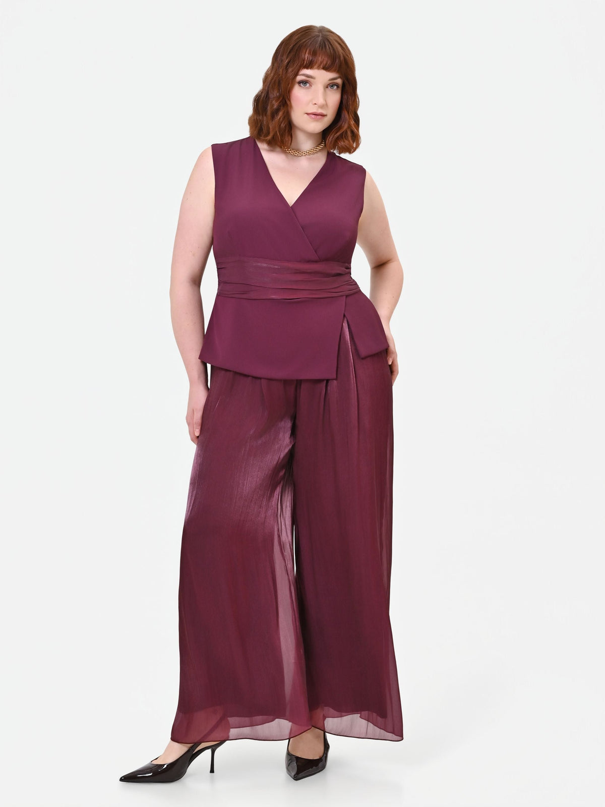 Tuta Curvy bimateriale drappeggiata bordeaux rosso