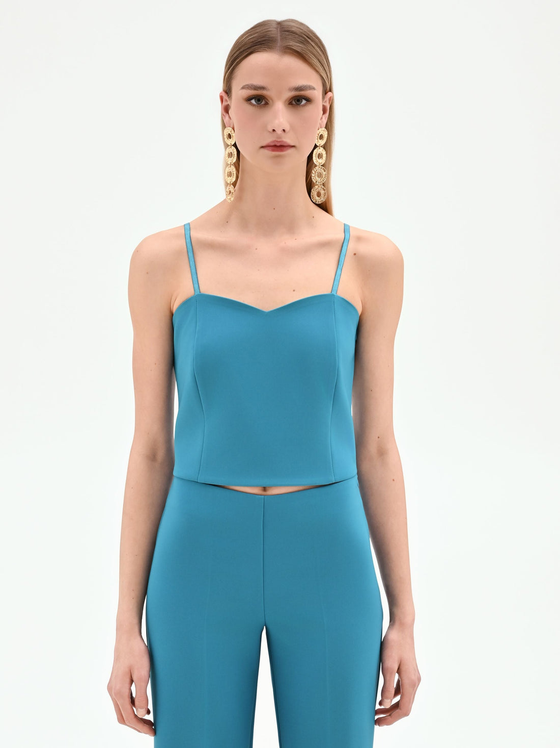 Top bustier blu ottanio con scollo a cuore