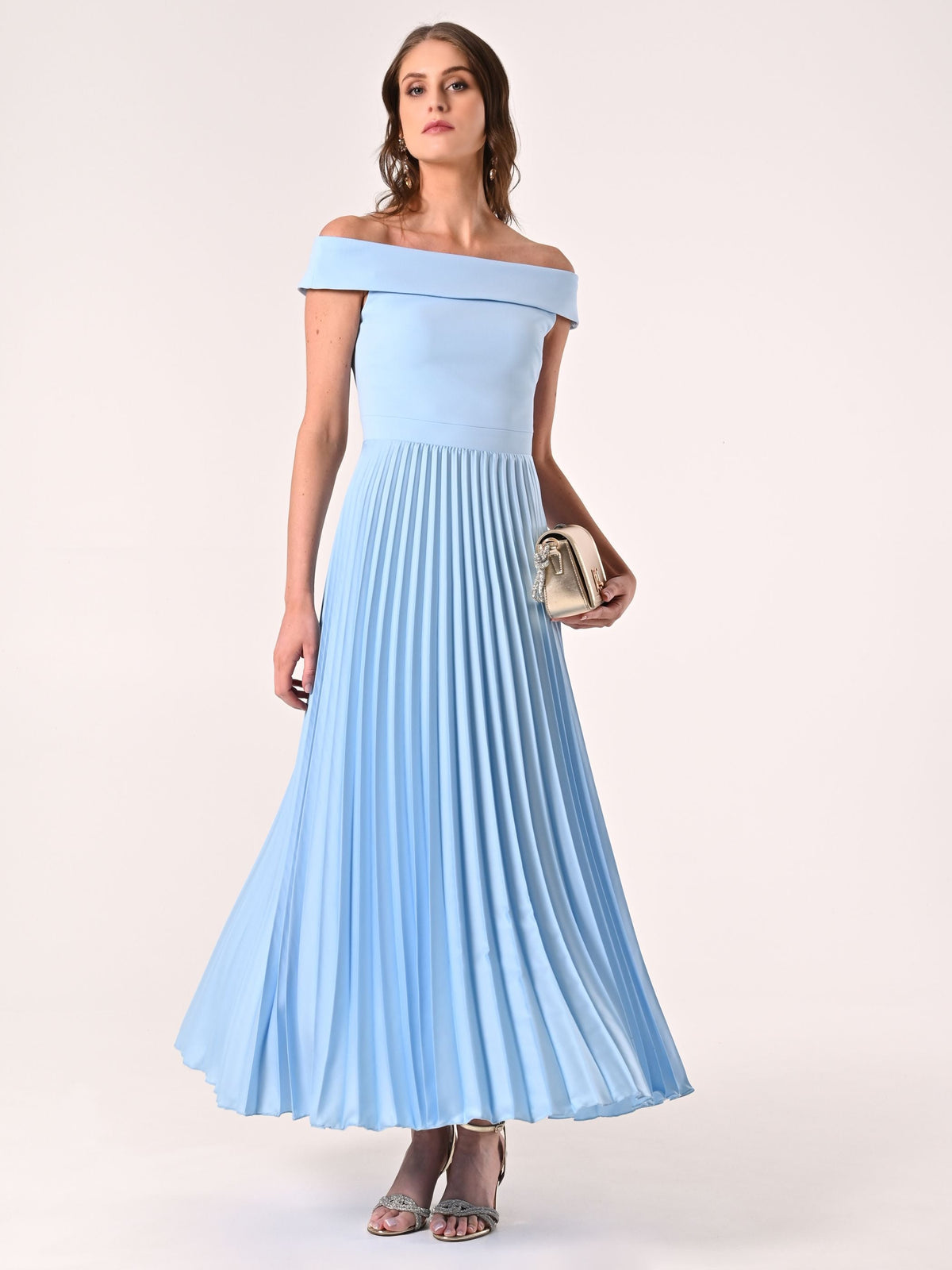 Abito Off-the-Shoulders Azzurro con Gonna Plissé