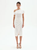 Abito midi bianco monospalla con drappeggi