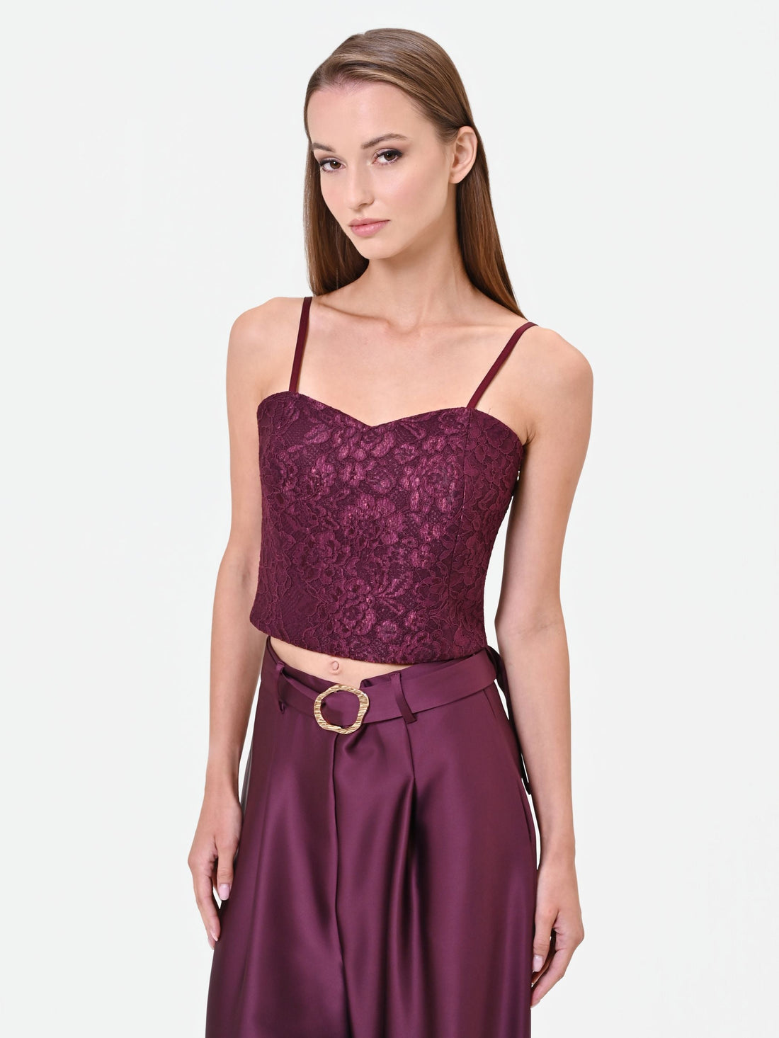 Top bustier in pizzo bordeaux rosso