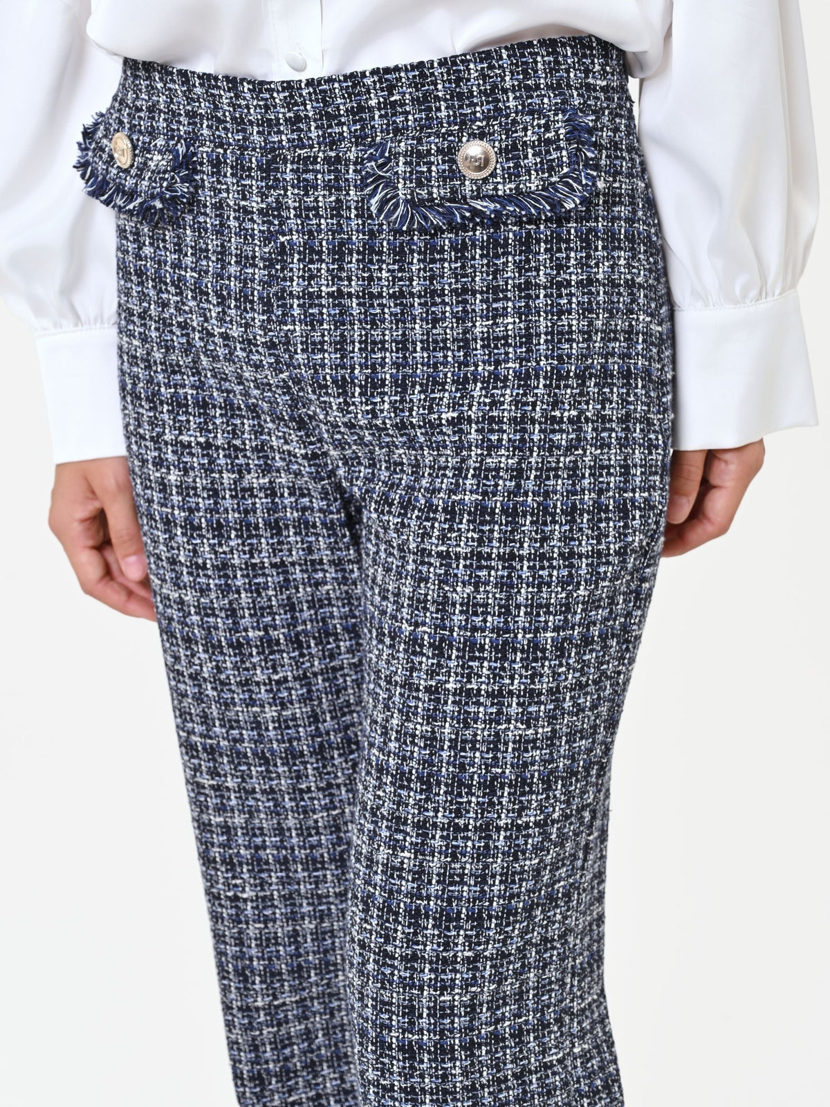 Pantalone dritto in tessuto bouclé blu navy