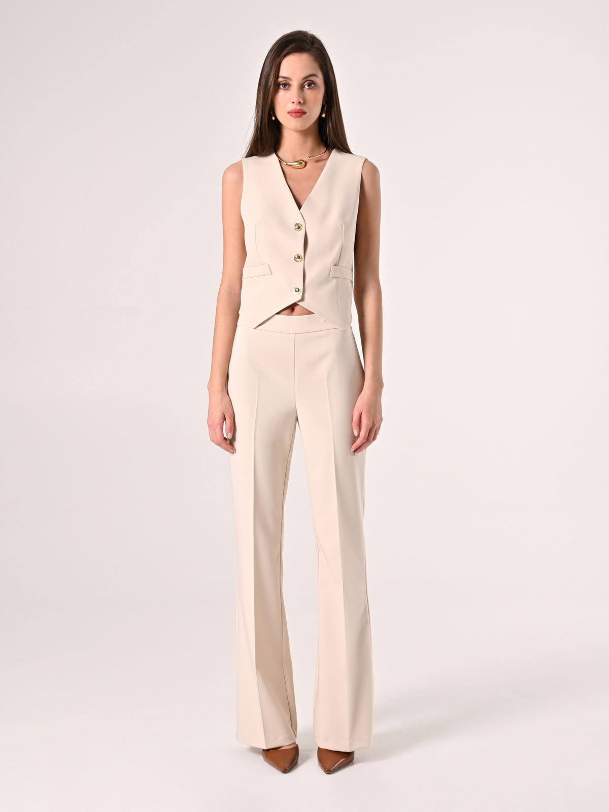Pantaloni Flared in Tessuto Tecnico Beige Chiaro