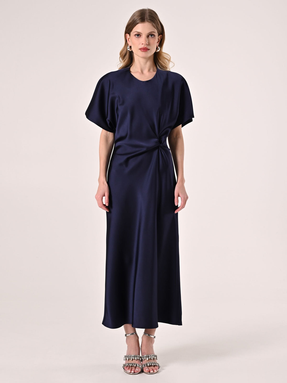 Abito Midi in Raso Blu con Nodo