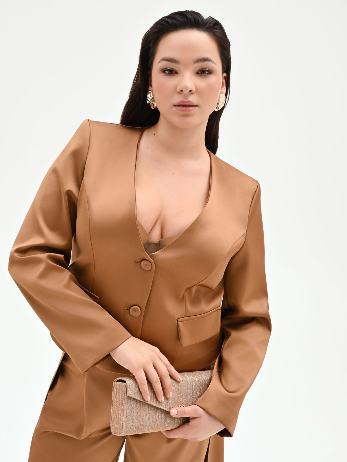 Giacca Curvy marrone bronzo in raso