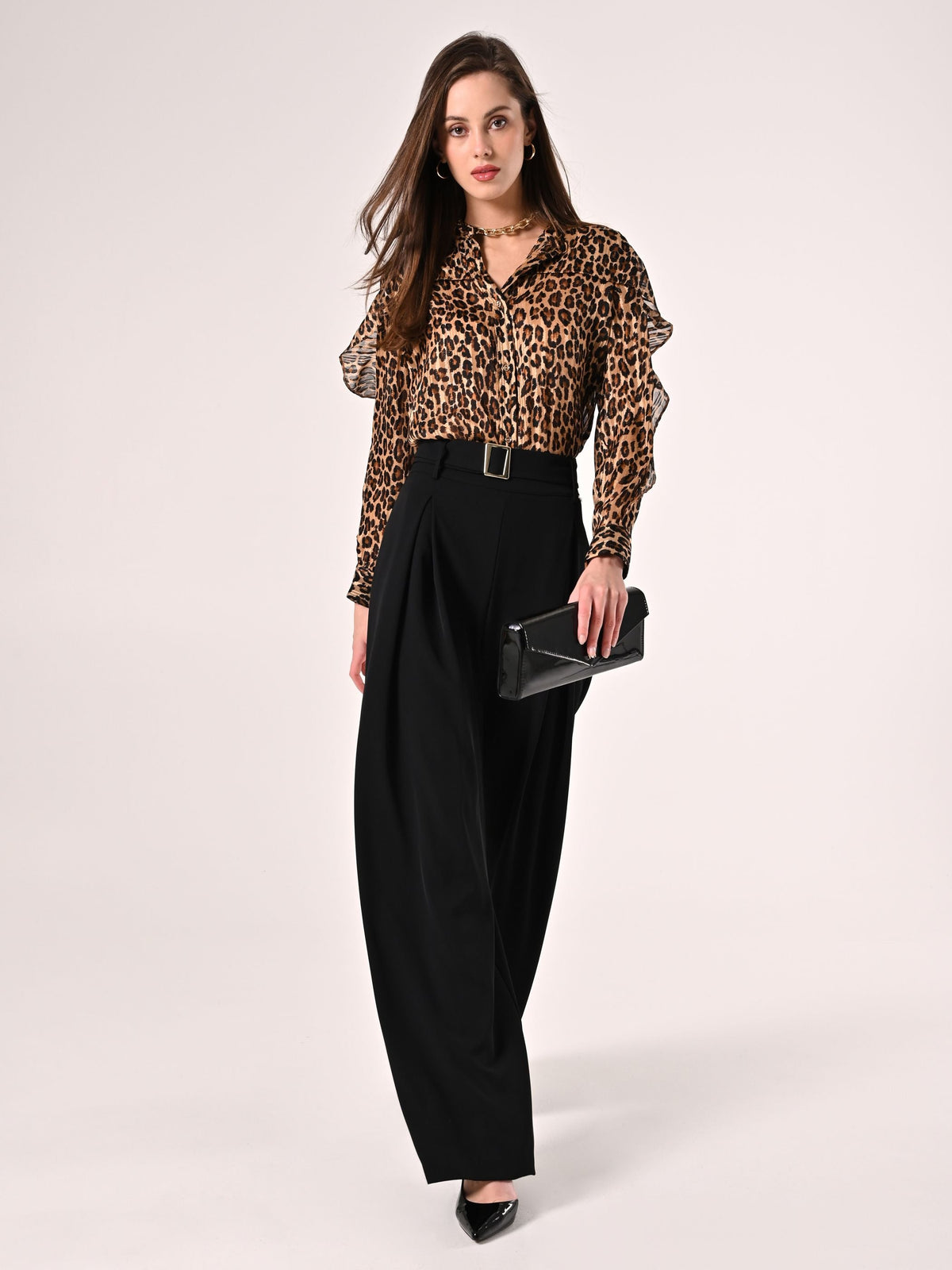 Pantaloni Neri con Cintura Fibbia Gold