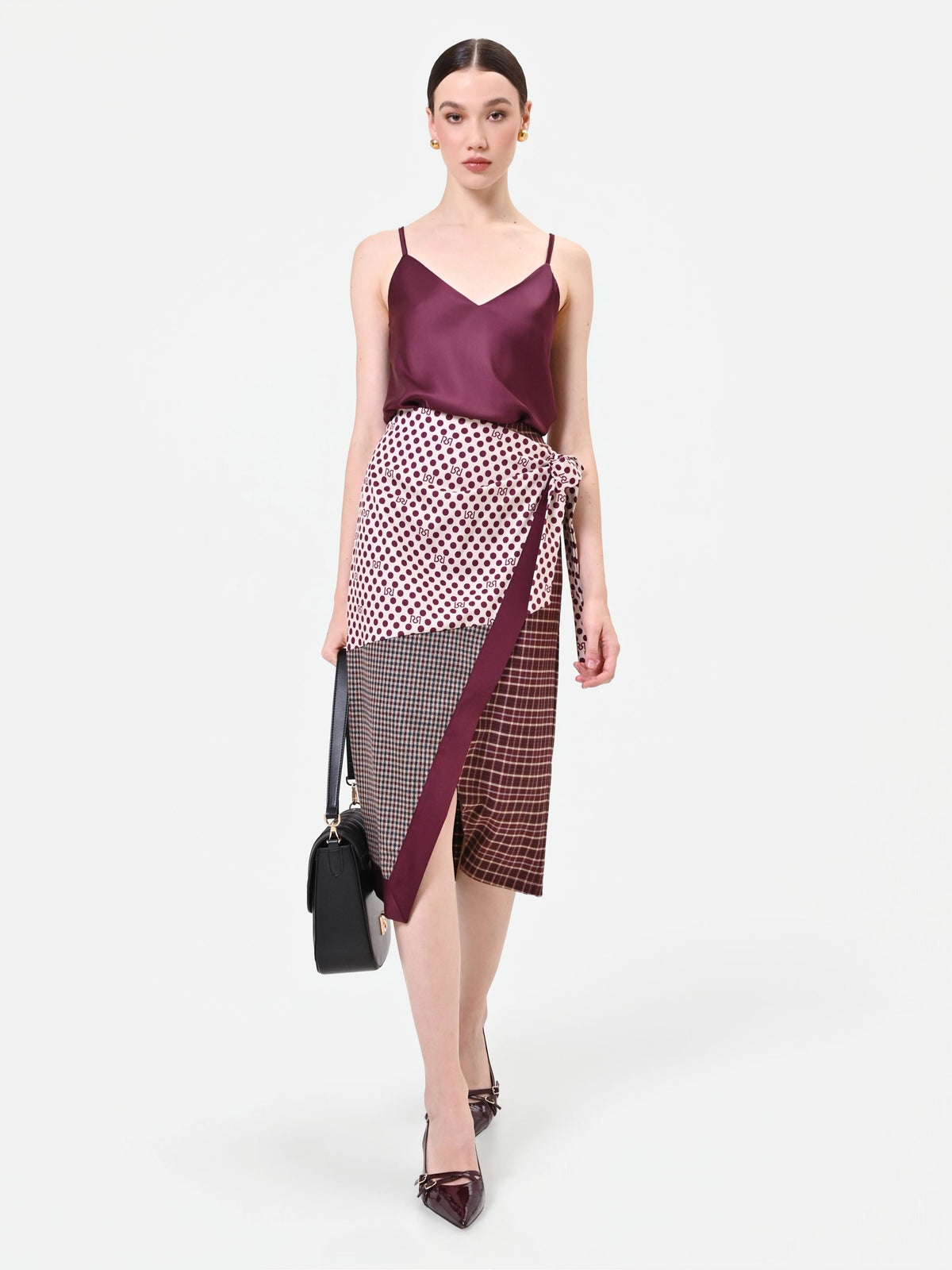 Gonna a portafoglio bordeaux con design patchwork