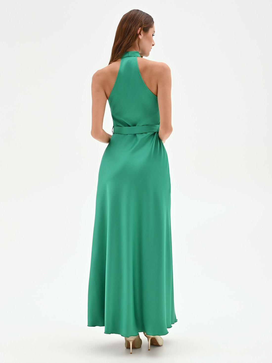Abito lungo prato verde con scollo all'americana